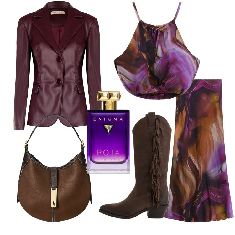 Outfit donna - Serata etno-chic. Stile Etnico per Serata fuori. Abbinamento con profumi, blazer, top, gonne lunghe, stivali, borse a spalla.