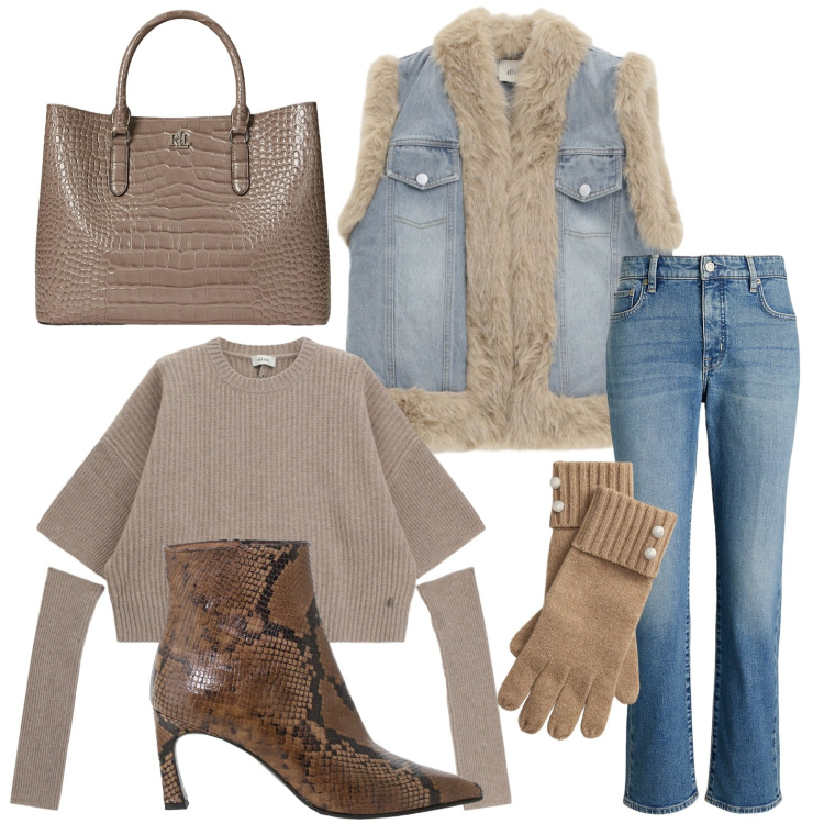 Outfit donna - Il gilet glamour. Stile Glamour per Serata fuori. Abbinamento con maglieria, gilet, stivaletti, borse a mano, guanti, jeans dritti.
