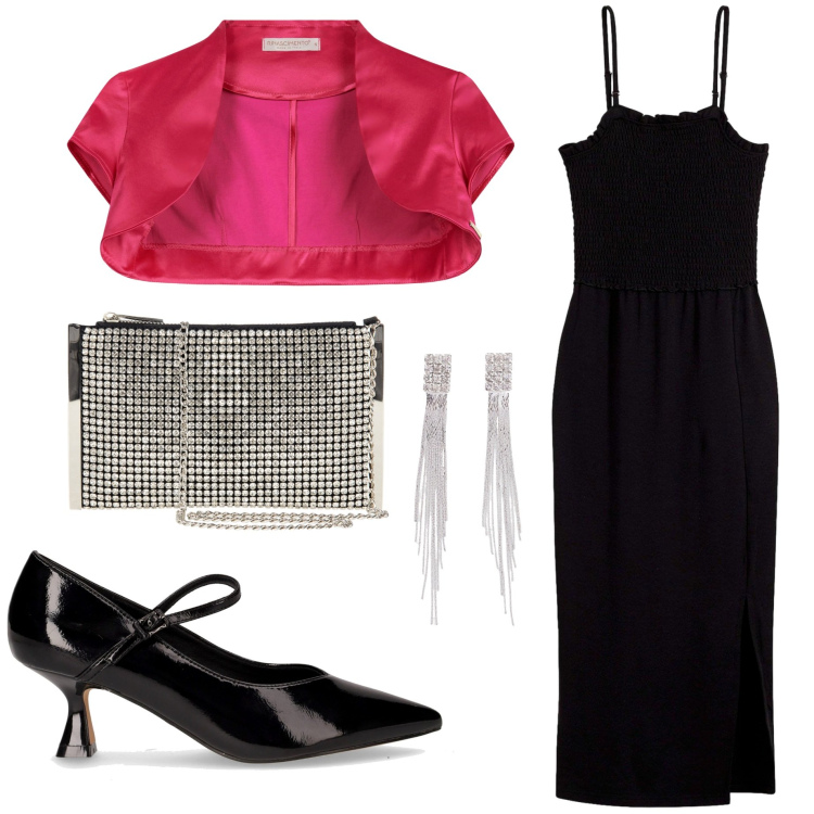 Outfit donna - Total look #2262191. Stile Chic per Cerimonia. Abbinamento con vestiti midi/longuette, orecchini, bolero, pochette, décolleté.
