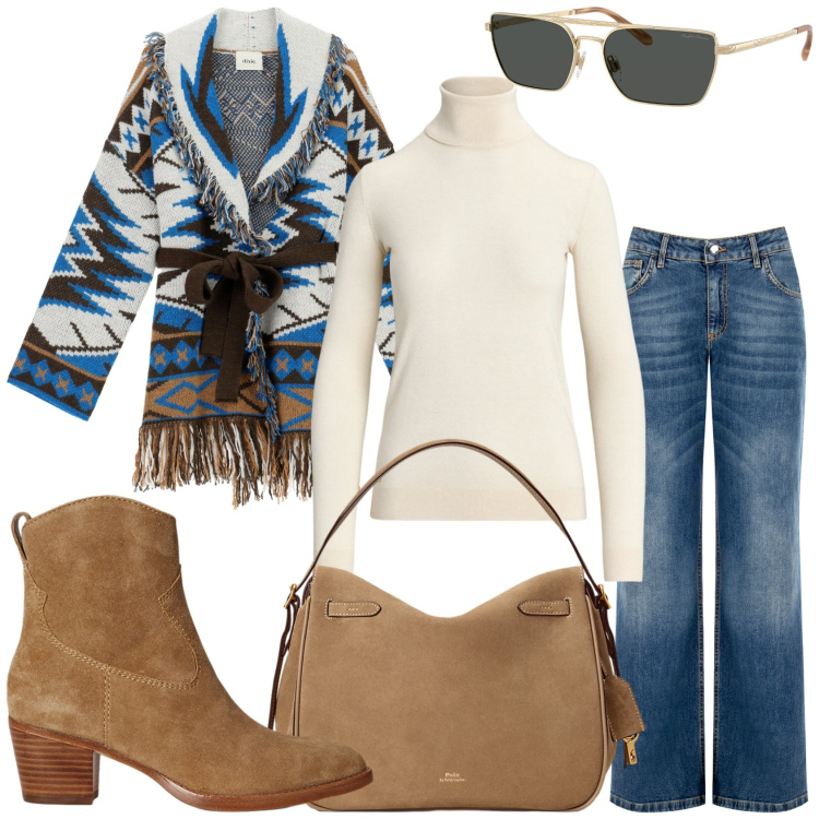 Outfit donna - Casual country. Stile Casual per Tutti i giorni. Abbinamento con cardigans, jeans, maglieria, borse a mano, stivaletti, occhiali da sole.