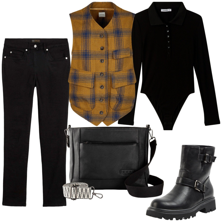 Outfit donna - Look dark. Stile Rock per Scuola/Università. Abbinamento con borse a tracolla, jeans dritti, stivaletti, polo, gilet.