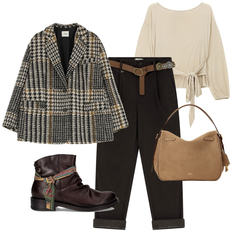 Outfit donna - Total look #2262195. Stile Trendy per Tutti i giorni. Abbinamento con top, pantaloni, blazer, borse a mano, stivaletti chelsea.