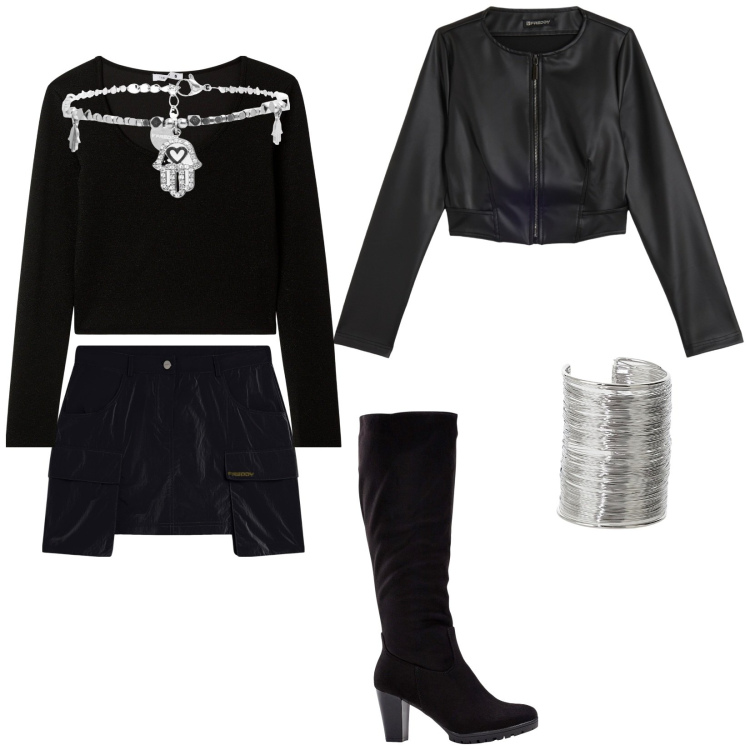 Outfit donna - Totale Black. Stile Rock per Serata fuori. Abbinamento con stivali, t-shirt, braccialetti, minigonne, braccialetti, giacche.