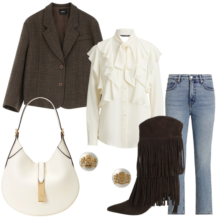 Outfit donna - Ruches con frange. Stile Etnico per Serata fuori. Abbinamento con blazer, stivali, orecchini, borse a spalla, jeans dritti, camicie.