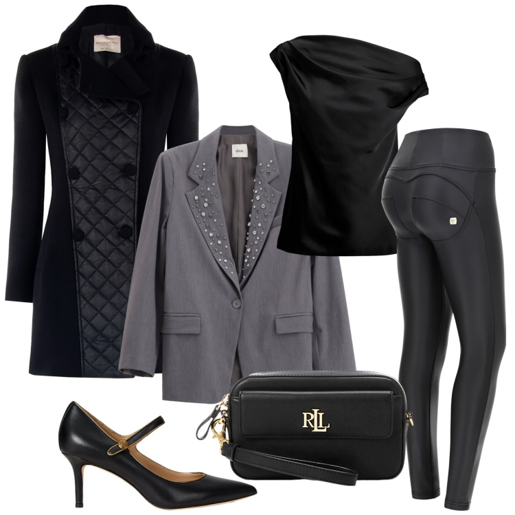 Outfit donna - Total look #2262198. Stile Rock per Serata fuori. Abbinamento con cappotti, pantaloni skinny, blazer, pochette, top, décolleté.