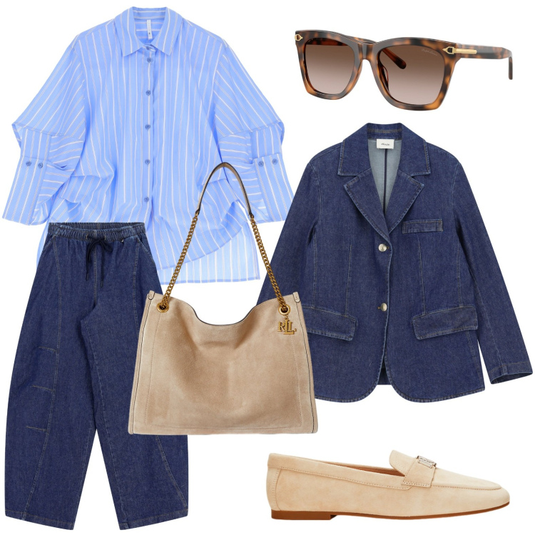 Outfit donna - Denim blu notte. Stile Glamour per Ufficio. Abbinamento con camicie, pantaloni a palazzo, blazer, mocassini, borse tote, occhiali da sole.