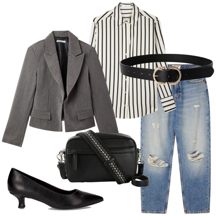 Outfit donna - Total look #2262203. Stile Glamour per Ufficio. Abbinamento con borse a tracolla, blazer, cinture, camicie, jeans mom, décolleté.