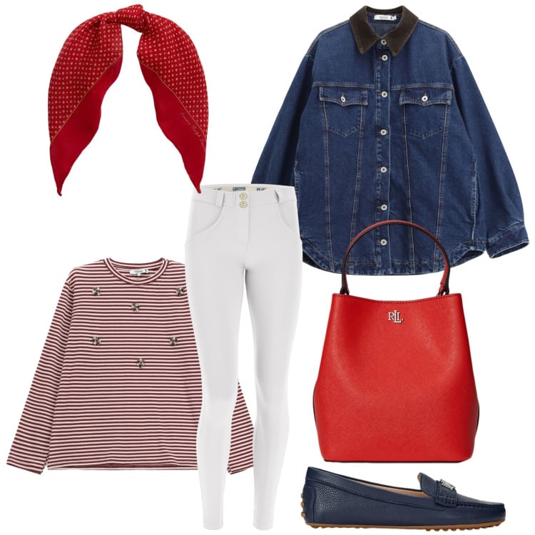 Outfit donna - Righe dinamiche. Stile Glamour per Tutti i giorni. Abbinamento con blazer, t-shirt, pantaloni skinny, mocassini, borse a secchiello, foulard.