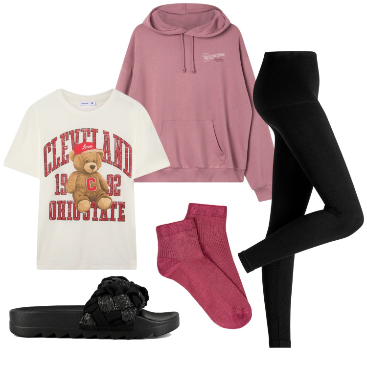 Outfit donna - Stasera a casa. Stile Basic per Tutti i giorni. Abbinamento con leggings, felpe con cappuccio, t-shirt, collant, ciabatte.