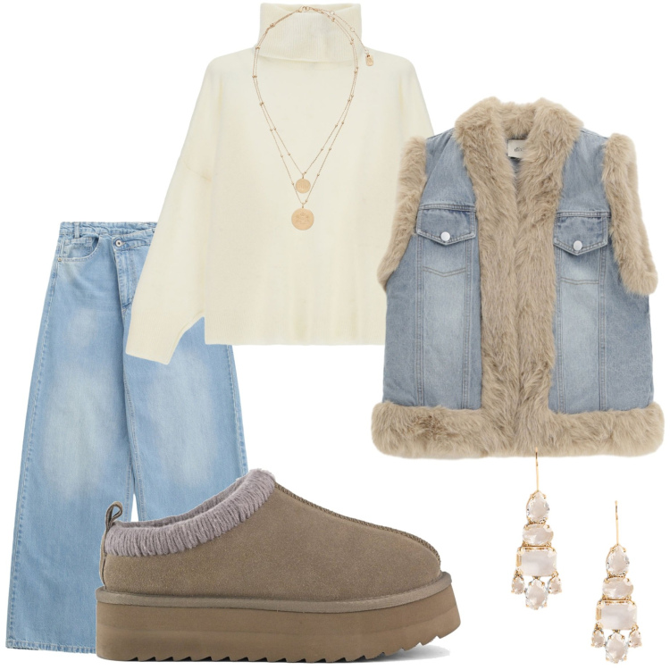 Outfit donna - Casual chic. Stile Casual chic per Serata fuori. Abbinamento con jeans, maglieria, gilet, orecchini, ciondoli, sabot.