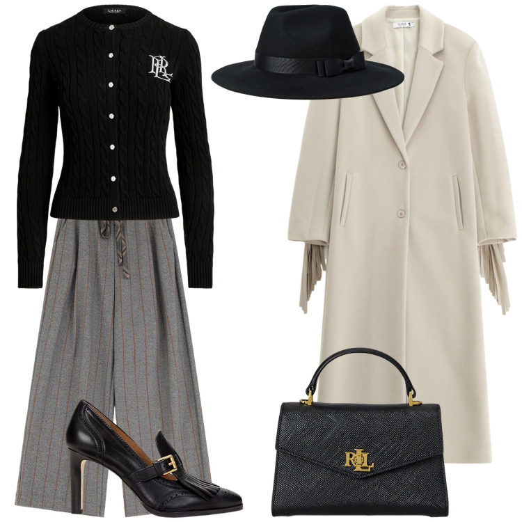 Outfit donna - Riunione di lavoro. Stile Mannish per Ufficio. Abbinamento con cappotti, pantaloni a palazzo, cardigans, décolleté, borse a mano, cappelli.