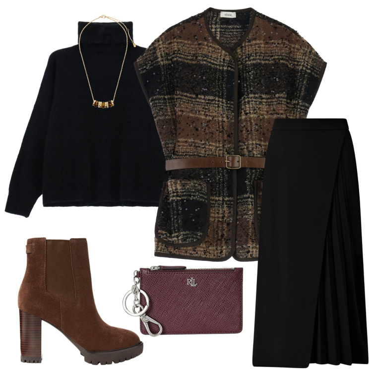 Outfit donna - Gilet con cintura. Stile Glamour per Serata fuori. Abbinamento con gonne longuette, maglieria, gilet, collane, stivaletti chelsea, portafogli.