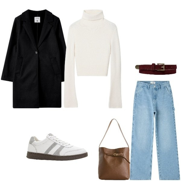 Outfit donna - Lavoro Casual. Stile Casual per Tutti i giorni. Abbinamento con sneakers, borse a mano, jeans, cappotti, maglieria, cinture.