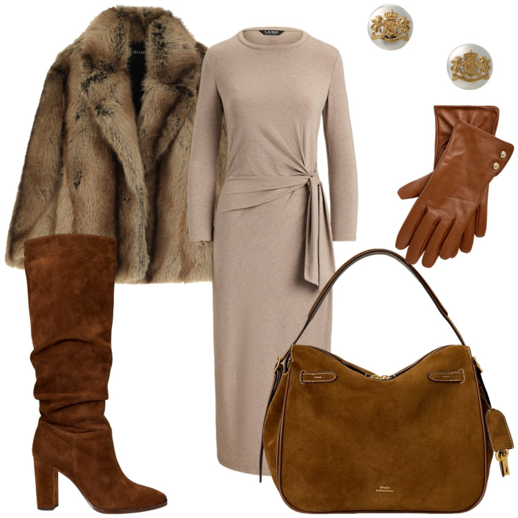 Outfit donna - Elegante anche con gli stivali. Stile Glamour per Tutti i giorni. Abbinamento con vestiti corti, vestiti, orecchini, stivali, guanti, borse a mano.