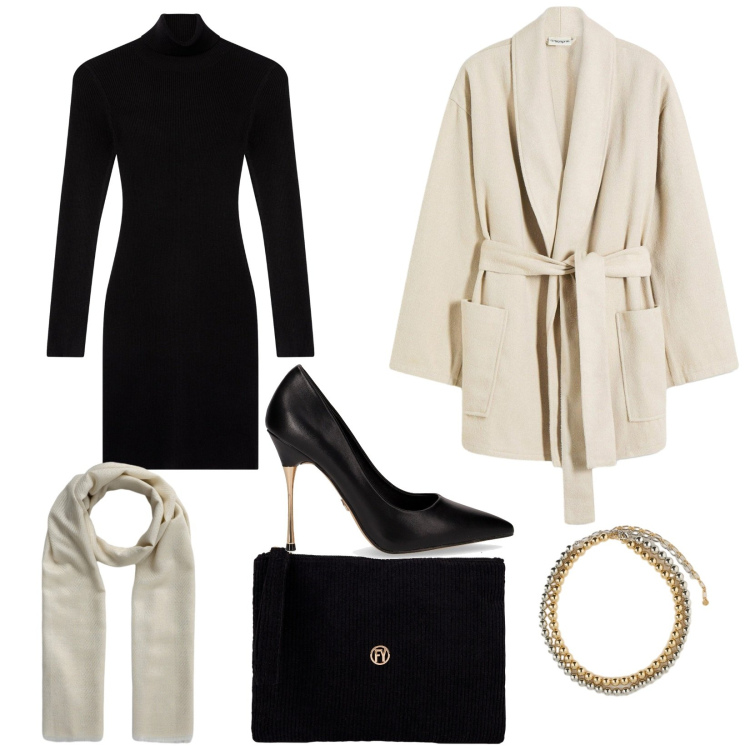 Outfit donna - Minimal. Stile Chic per Ufficio. Abbinamento con blazer, foulard, vestiti corti, valigie, décolleté, collane.