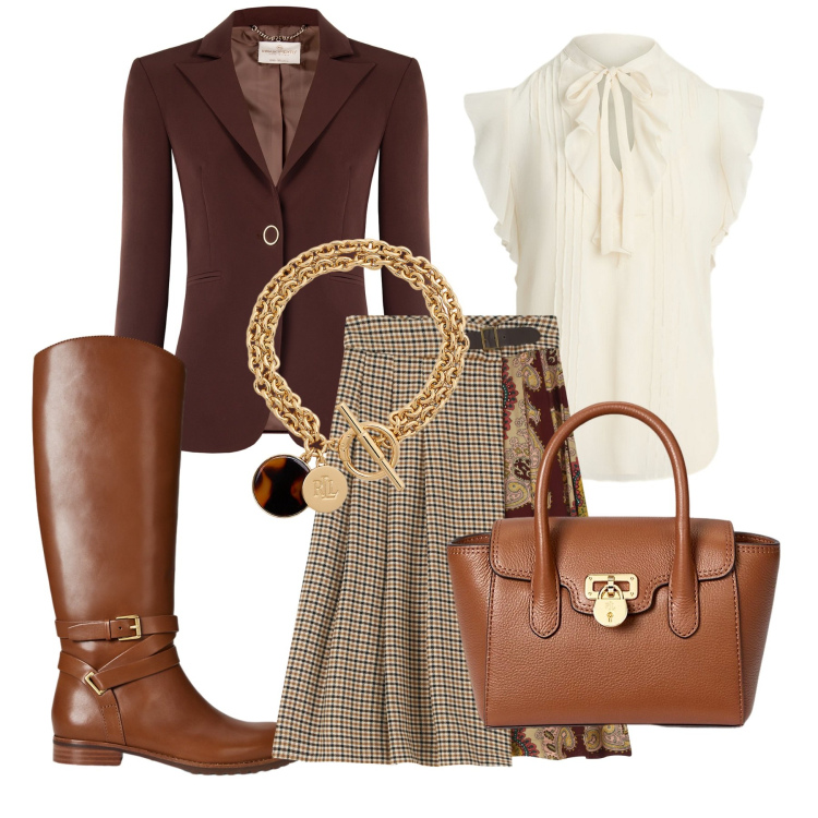 Outfit donna - Total look #2262217. Stile Casual chic per Ufficio. Abbinamento con blazer, gonne, borse a mano, braccialetti con ciondoli, camicie a manica corta, stivali.