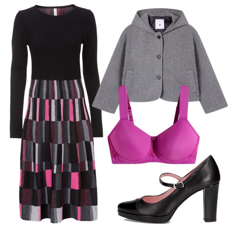 Outfit donna - Accenni di fucsia. Stile Bon Ton per Serata fuori. Abbinamento con vestiti, reggiseni, caban, décolleté.