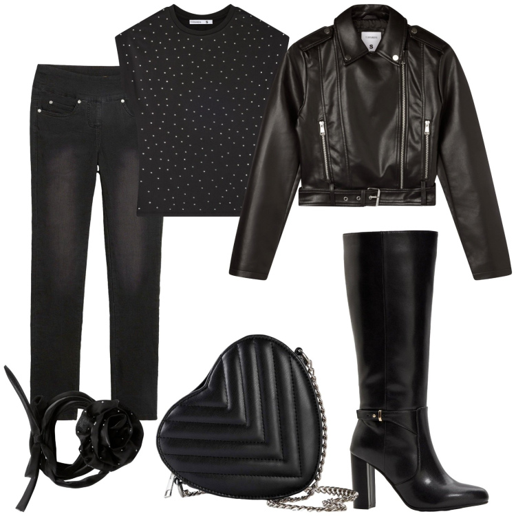 Outfit donna - Totale black. Stile Rock per Serata fuori. Abbinamento con borse a tracolla, stivali, jeans dritti, collane, giacche, t-shirt.