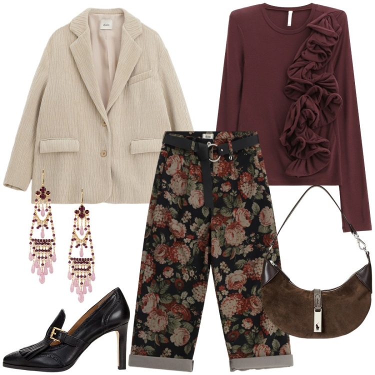Outfit donna - Burgundi. Stile Casual chic per Tutti i giorni. Abbinamento con t-shirt, pantaloni a palazzo, blazer, borse a spalla, décolleté, orecchini.