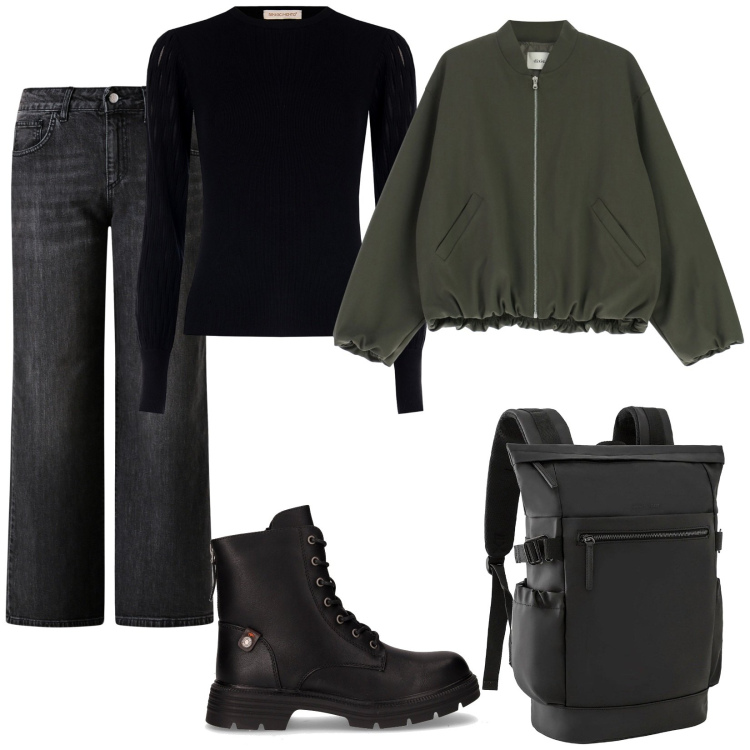 Outfit donna - Look Militare. Stile Military per Tutti i giorni. Abbinamento con zaini, jeans dritti, maglieria, bomber, anfibi.
