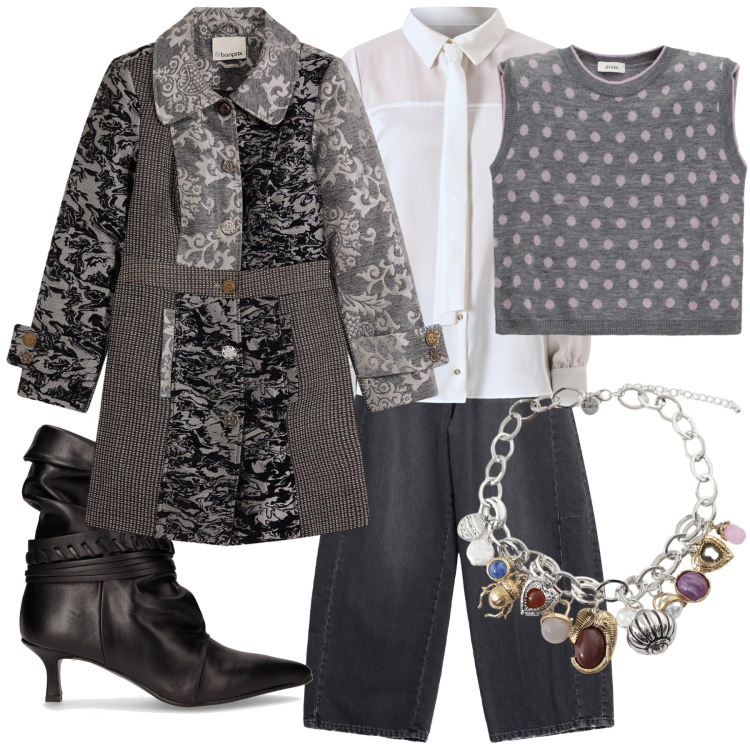 Outfit donna - Total look #2262223. Stile Mannish per Scuola/Università. Abbinamento con cappotti, camicie, jeans, braccialetti con ciondoli, maglieria, stivaletti.