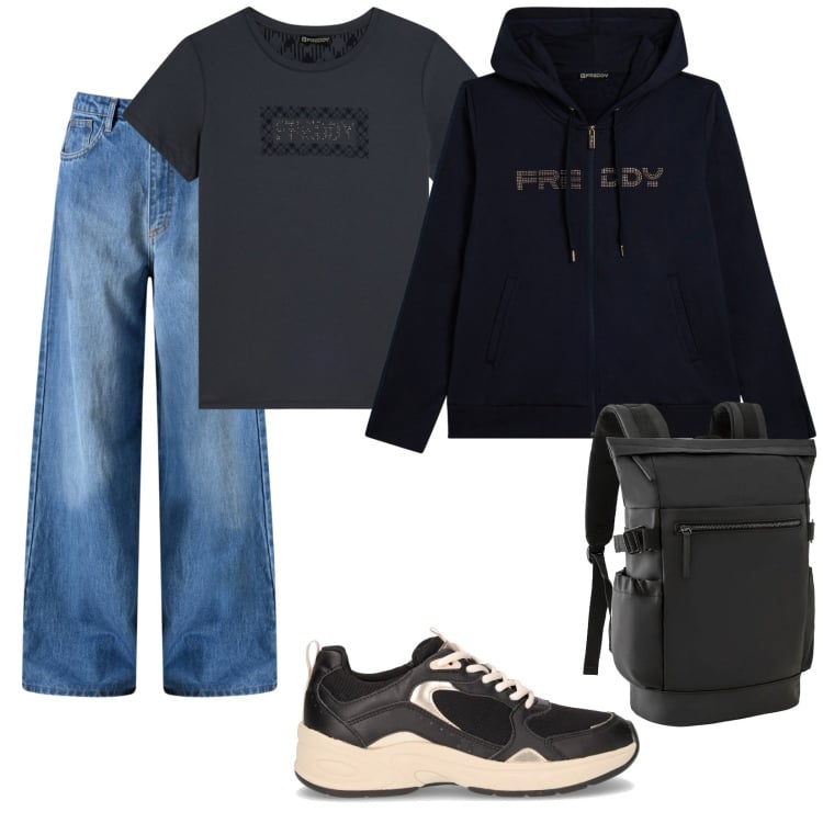 Outfit donna - Look sportivo. Stile Sporty chic per Tutti i giorni. Abbinamento con zaini, jeans, felpe con cappuccio, t-shirt, sneakers.