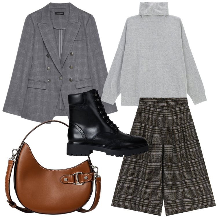 Outfit donna - Power suit. Stile Glamour per Ufficio. Abbinamento con maglieria, pantaloni a palazzo, anfibi, borse a tracolla, blazer.