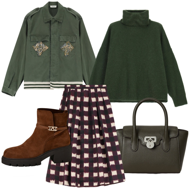 Outfit donna - Stile campestre. Stile Casual per Tutti i giorni. Abbinamento con gonne longuette, cappotti, stivaletti, maglieria, borse a mano.