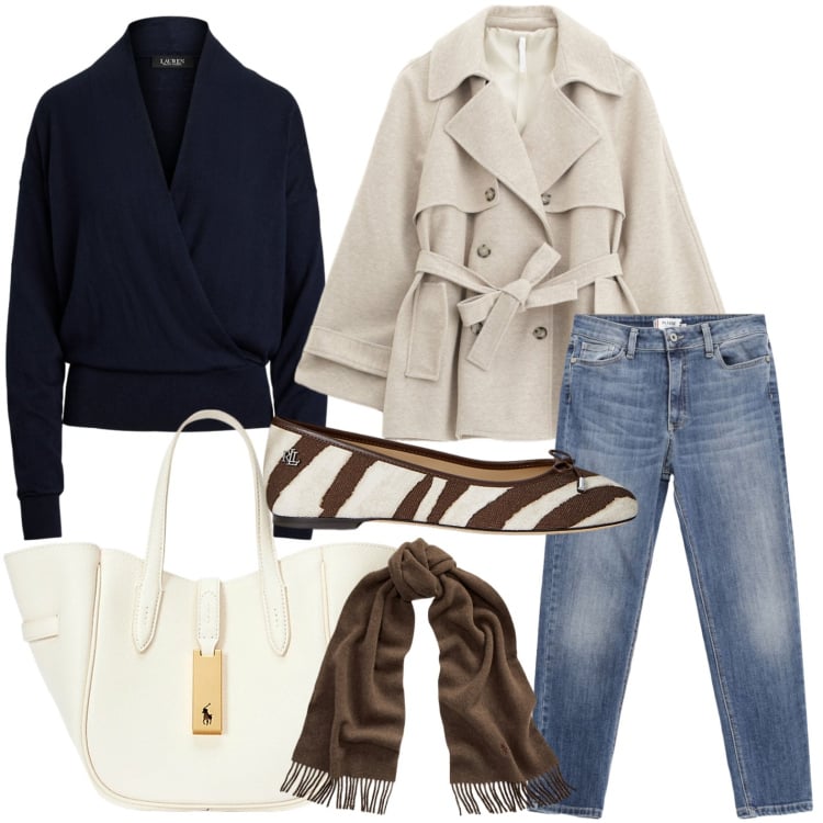 Outfit donna - Trench essenziale. Stile Glamour per Ufficio. Abbinamento con jeans skinny, trench, sciarpe, borse tote, ballerine, maglieria.