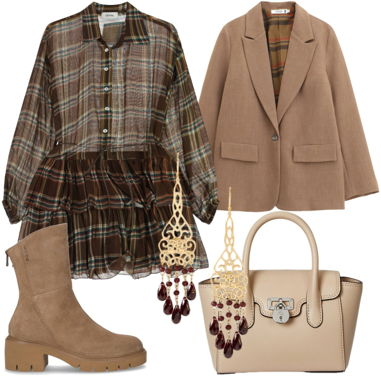 Outfit donna - New boho. Stile Glamour per Tutti i giorni. Abbinamento con blazer, vestiti corti, borse a mano, orecchini, stivaletti.