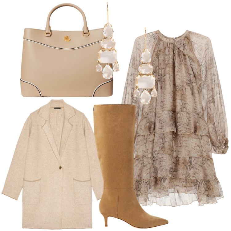 Outfit donna - Boho chic. Stile Urban per Serata fuori. Abbinamento con vestiti corti, stivali, borse a mano, orecchini, cardigans.