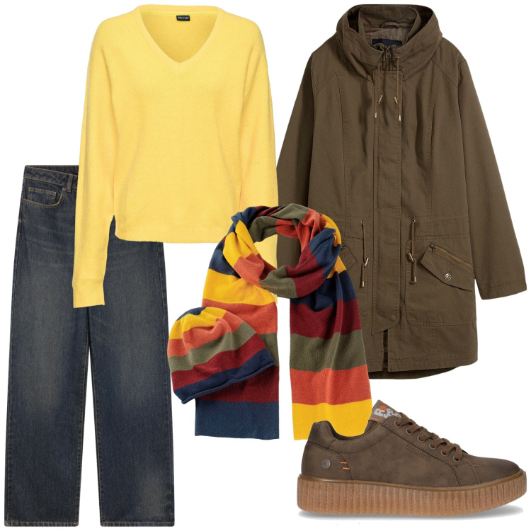 Outfit donna - Total look #2262234. Stile Casual per Tutti i giorni. Abbinamento con maglieria, parka, sciarpe, jeans dritti, sneakers.