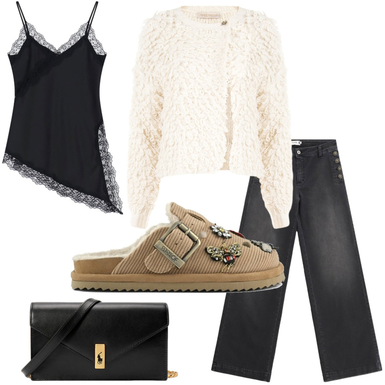 Outfit donna - Il cardigan trendy. Stile Trendy per Serata fuori. Abbinamento con jeans, cardigans, top, clutch, sabot.