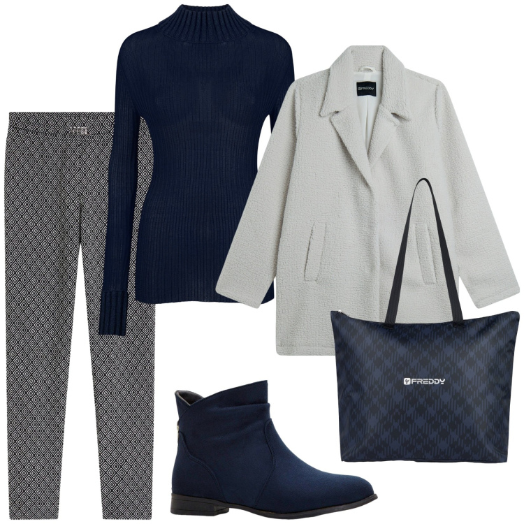 Outfit donna - Total look #2262238. Stile Urban per Tutti i giorni. Abbinamento con stivaletti, pantaloni, cappotti, shopping bag, maglieria.