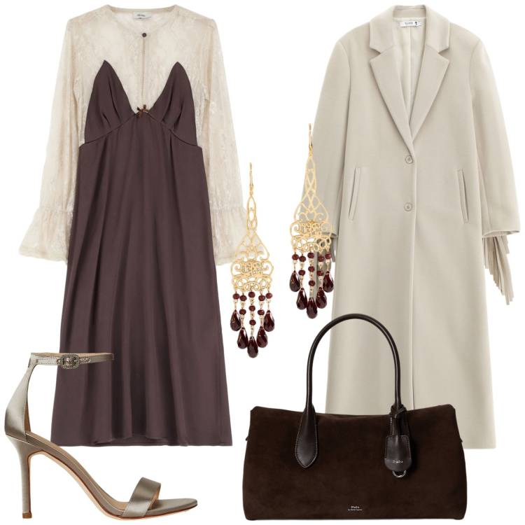 Outfit donna - Total look #2262242. Stile Sexy per Serata fuori. Abbinamento con cappotti, vestiti midi/longuette, borse a mano, sandali col tacco, orecchini.