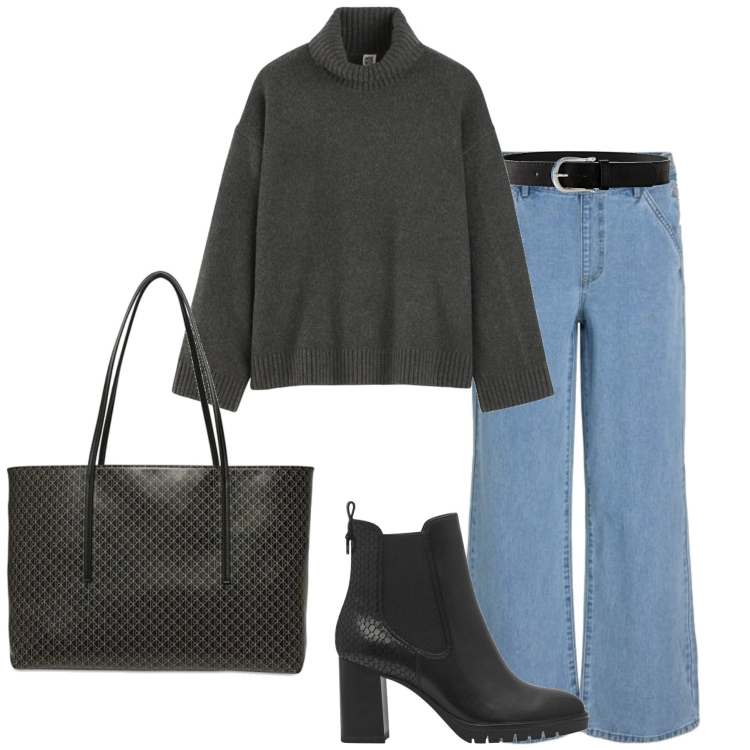 Outfit mujer - Casual chic #16729. Estilo Casual chic para Todos los días. Combinación con cinturones, prendas de punto, vaqueros rectos, botines, bolso tote.