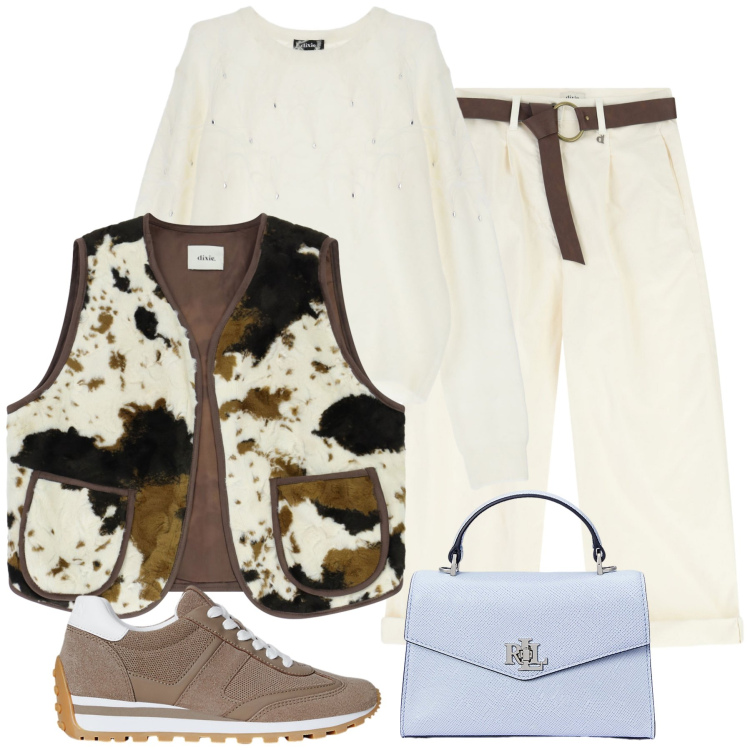 Outfit donna - Total look #2262245. Stile Casual chic per Serata fuori. Abbinamento con maglieria, pantaloni, gilet, sneakers, borse a mano.