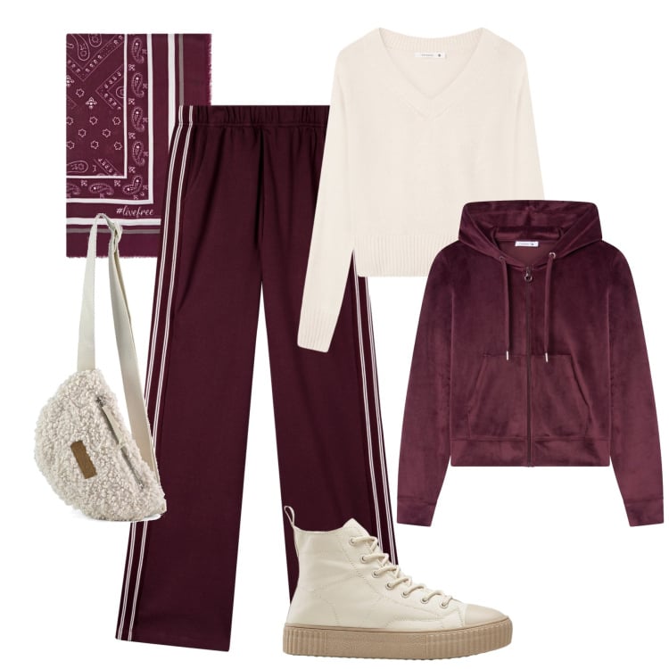 Outfit donna - Comoda in città. Stile Casual per Tutti i giorni. Abbinamento con sneakers alte, pantaloni sportivi, felpe con cappuccio, maglieria, marsupi, foulard.