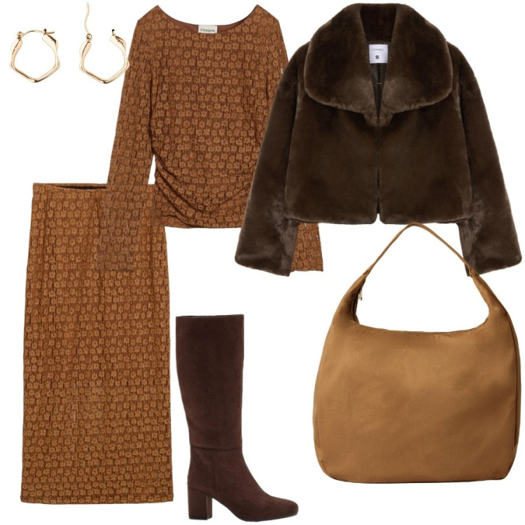 Outfit donna - Serata in centro. Stile Glamour per Serata fuori. Abbinamento con maglieria, orecchini, stivali, gonne lunghe, borse a mano, ecopellicce.