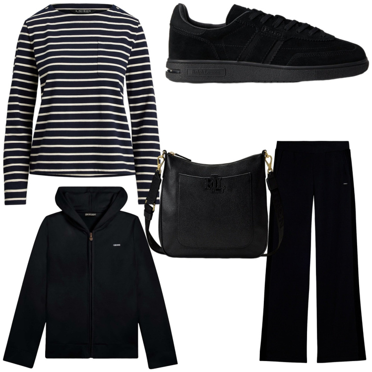 Outfit donna - Sporty chic. Stile Sporty chic per Tutti i giorni. Abbinamento con felpe con cappuccio, pantaloni, borse a tracolla, sneakers, maglieria.
