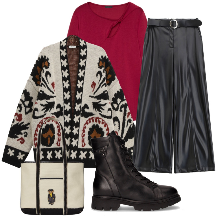 Outfit donna - Total look #2262253. Stile Casual per Tutti i giorni. Abbinamento con pantaloni, cardigans, borse tote, anfibi, t-shirt.