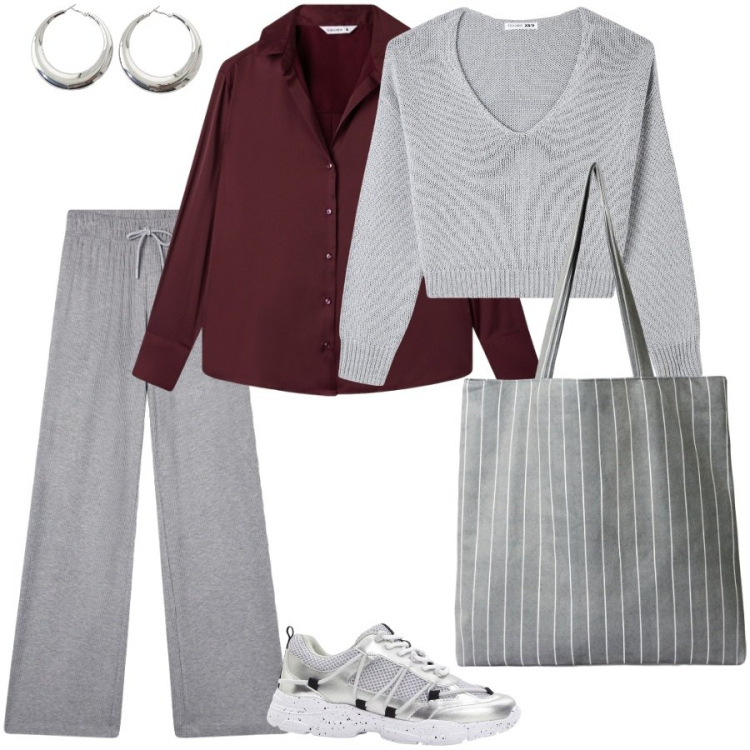 Outfit donna - Parola d\'ordine comfort. Stile Sporty chic per Tutti i giorni. Abbinamento con sneakers, maglieria, shopping bag, camicie, pantaloni, orecchini.