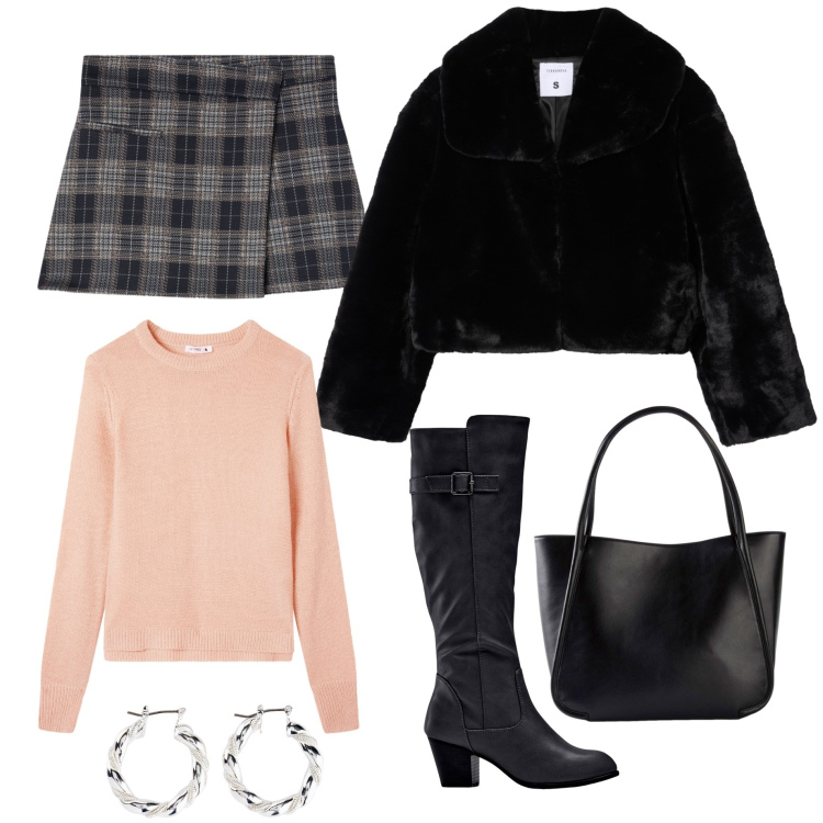 Outfit donna - Caldo pellicciotto. Stile Casual per Tutti i giorni. Abbinamento con stivali, orecchini, shopping bag, minigonne, maglieria, ecopellicce.