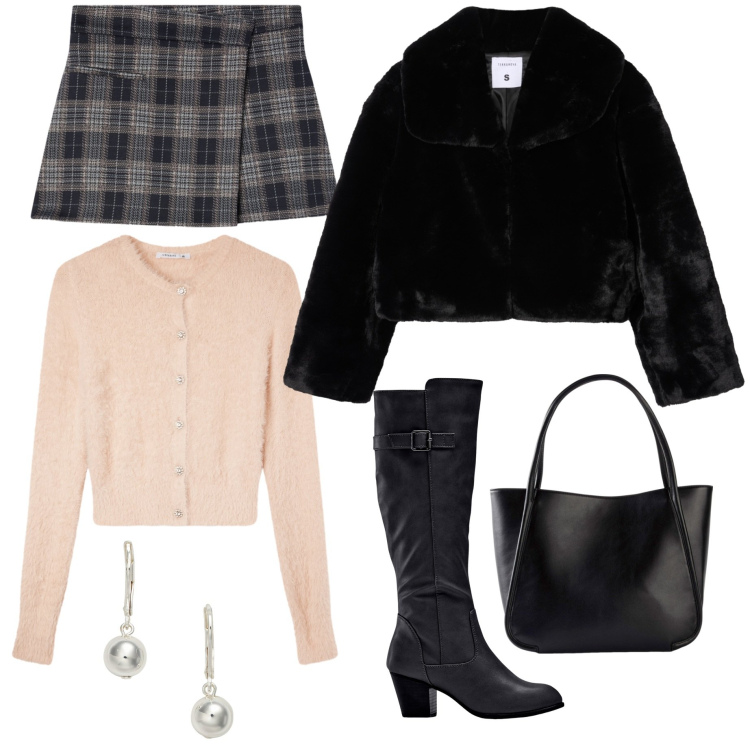 Outfit donna - Total look #2262259. Stile Casual per Tutti i giorni. Abbinamento con stivali, shopping bag, cardigans, minigonne, ecopellicce, orecchini.