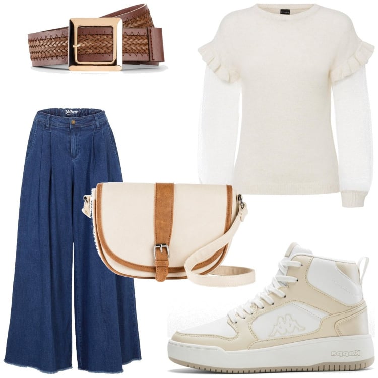 Outfit femme - Tendance #8225. Style Tendance pour Tous les jours. Assortir avec jeans, sneakers hautes, pulls, sacs en bandoulière, ceintures.