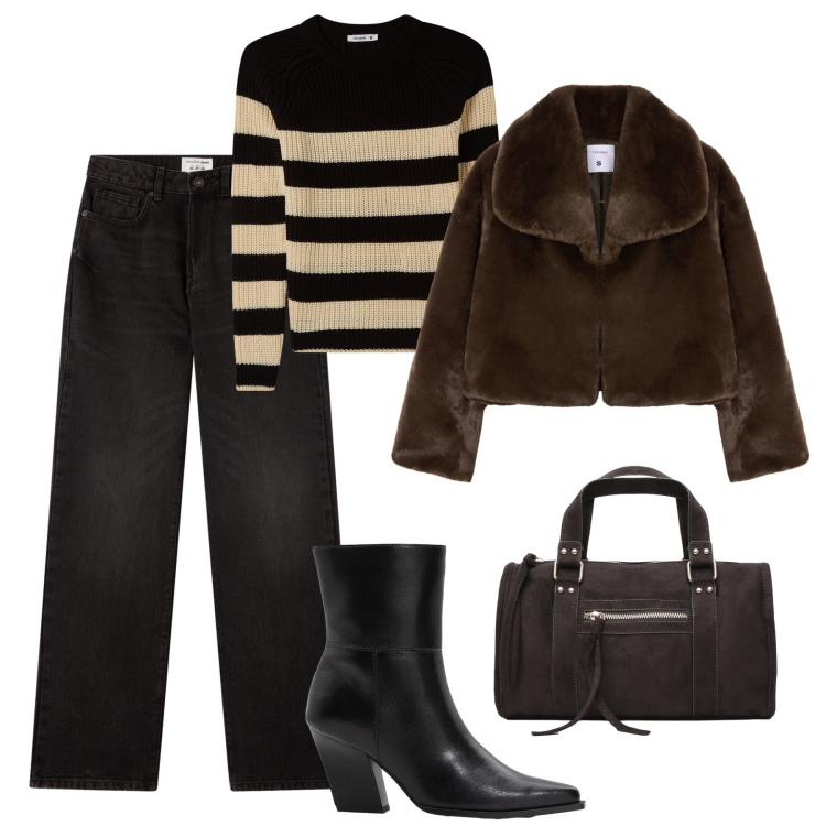 Outfit donna - Easy fit in ufficio. Stile Minimal per Ufficio. Abbinamento con stivaletti, ecopellicce, maglieria, borse a mano, jeans dritti.