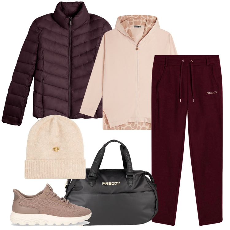 Outfit donna - Sporty-chic. Stile Sporty chic per Sport. Abbinamento con piumini, felpe con cappuccio, borse sportive, berretti, pantaloni, sneakers.