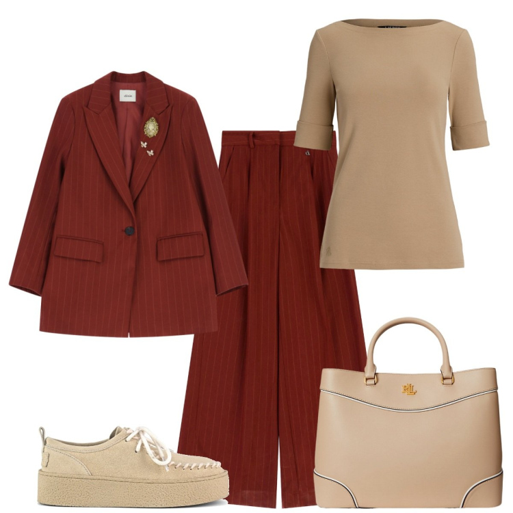 Outfit donna - Total look #2262269. Stile Basic per Ufficio. Abbinamento con blazer, pantaloni a palazzo, borse a mano, t-shirt, mocassini.
