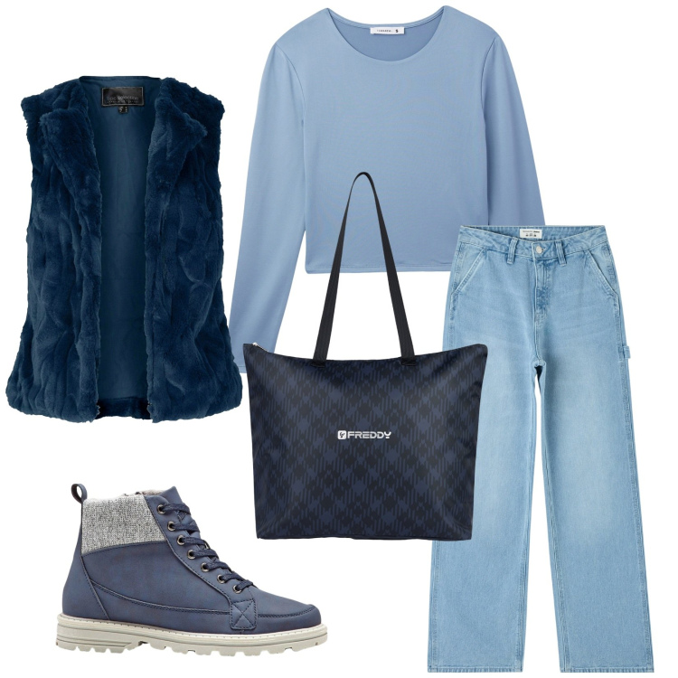 Outfit donna - Total look #2262270. Stile Casual per Tutti i giorni. Abbinamento con gilet, stivaletti, t-shirt, jeans, shopping bag.