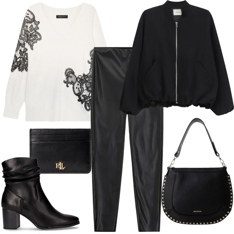 Outfit donna - Black & White. Stile Casual chic per Ufficio. Abbinamento con borse a spalla, pantaloni skinny, bomber, portafogli, stivaletti, maglieria.